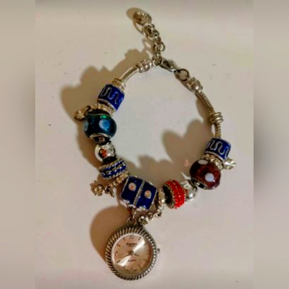 Figaro Couture Charm Bracelet W/Watch. Original Box Sliding Red Blue Glass Beads